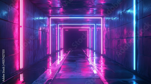 Dark underground passage with escolator and neon light, advertising light box, Mockup, tunnel with light beams