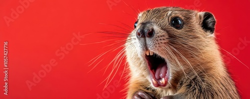 Cute baby beaver with a funny shocked face, wide eyes and open mouth, against a red background, lively and fun