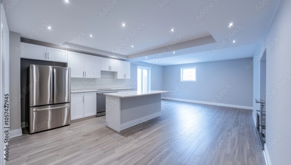 Fototapeta premium Minimalist White Kitchen with Stainless Steel Appliances