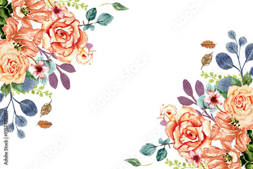 Banner con fiori autunnali, illustrazione ad acquerello isolata, cornice angolare orizzontale, sfondo autunnale