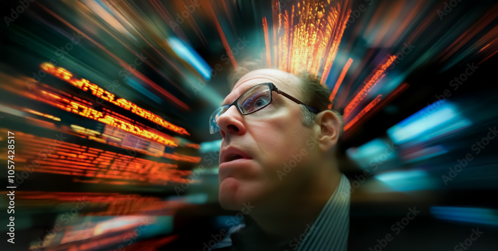A dynamic image of a man on the trading floor with a focused expression, blurred background showing stock prices with intense red and green colors in high action. A dynamic image of a man on the trading floor with a focused expression, blurred background showing stock prices with intense red and green colors in high action.