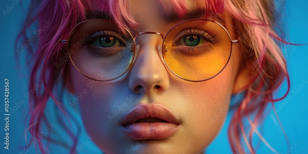 Young girl with glasses and pink hair close-up on blue background