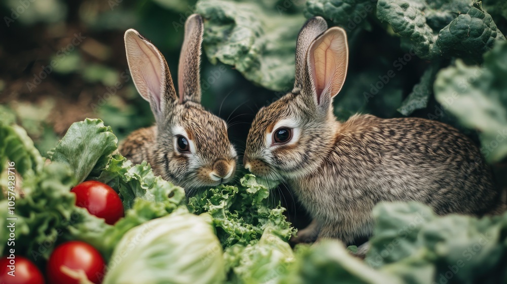 Two bunnies in a vegetable patch Two bunnies in a vegetable patch