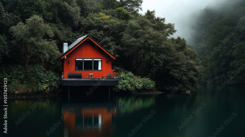 Fototapeta premium Small red wooden cabin on lake surrounded by dense forested area with misty atmosphere and water reflection