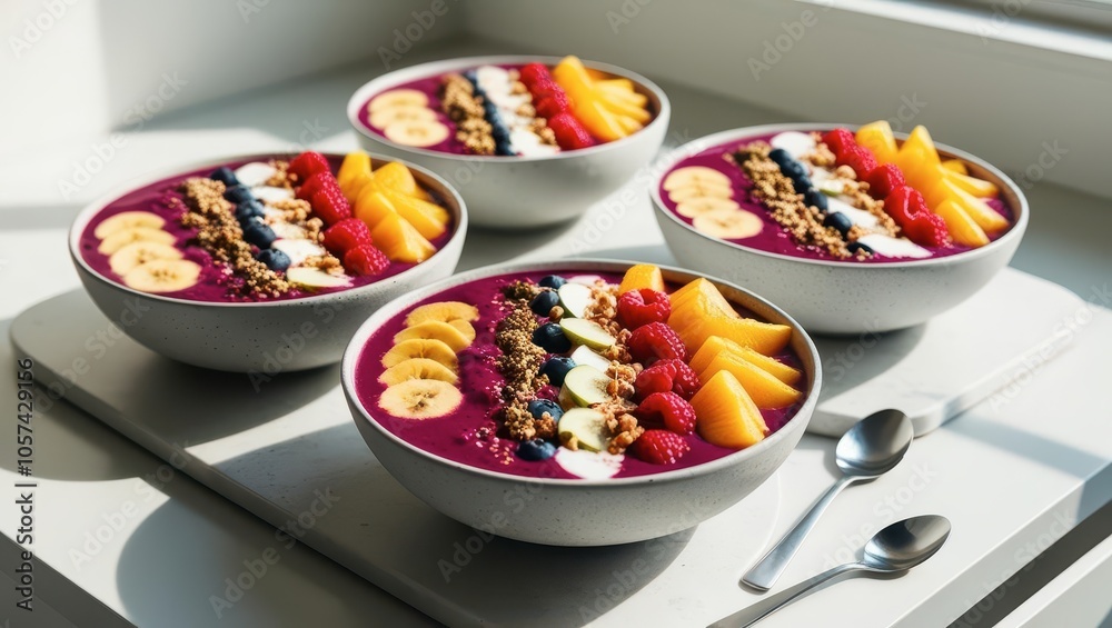 A vibrant display of smoothie bowls topped with fresh fruits, granola, and colorful ingredients, perfect for a healthy breakfast or snack. A vibrant display of smoothie bowls topped with fresh fruits, granola, and colorful ingredients, perfect for a healthy breakfast or snack.