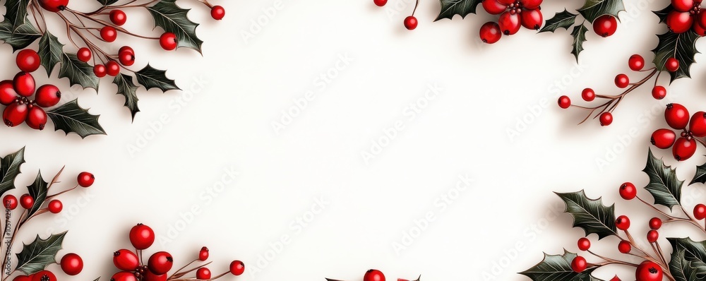 festive Christmas wallpaper featuring holly leaves and red berries, creating cheerful and warm atmosphere for holiday season.