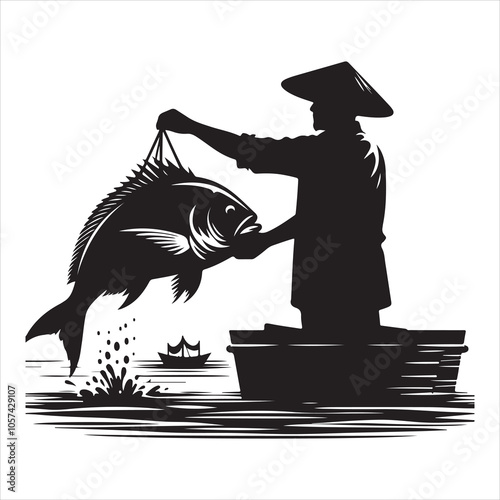 Black colour Silhouette of a fish seller holding a large fish
