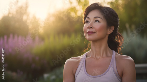 woman in purple tank top looking up at the sky in a garden