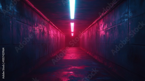 Dark underground passage with escolator and neon light, advertising light box, Mockup, tunnel with light beams