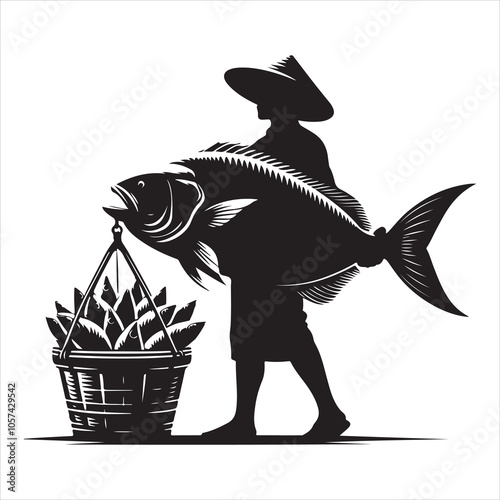 Black colour Silhouette of a fish seller holding a large fish
