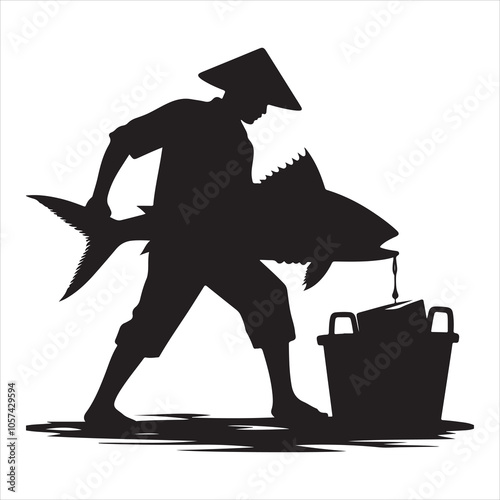 Black colour Silhouette of a fish seller holding a large fish