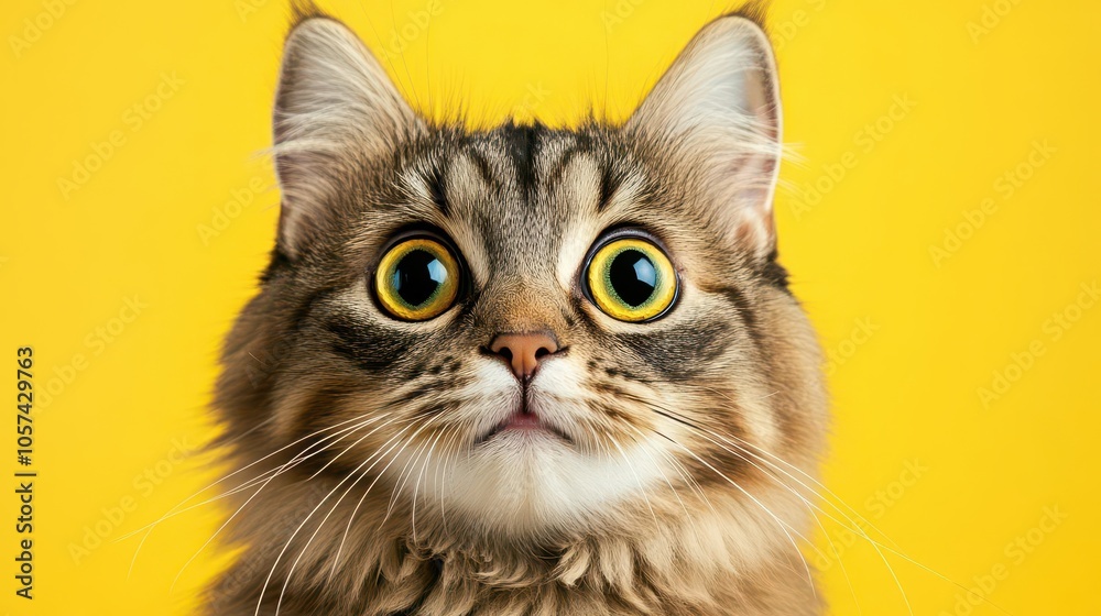 Cute cat with wide eyes and raised whiskers, surprised expression, on a bright yellow background, playful and charming Cute cat with wide eyes and raised whiskers, surprised expression, on a bright yellow background, playful and charming