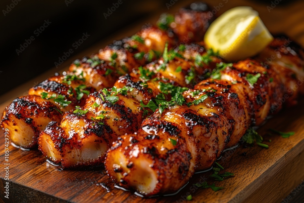 Grilled skewered seafood garnished with herbs and lemon on a wooden platter. Grilled skewered seafood garnished with herbs and lemon on a wooden platter.