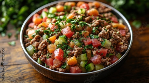 A colorful bowl of seasoned ground meat mixed with diced vegetables and herbs.