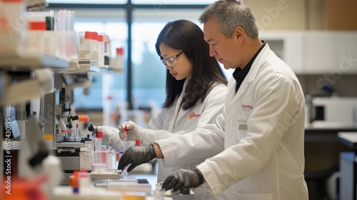 Researchers in white coats analyzing synthetic tissue samples, high-tech lab environment