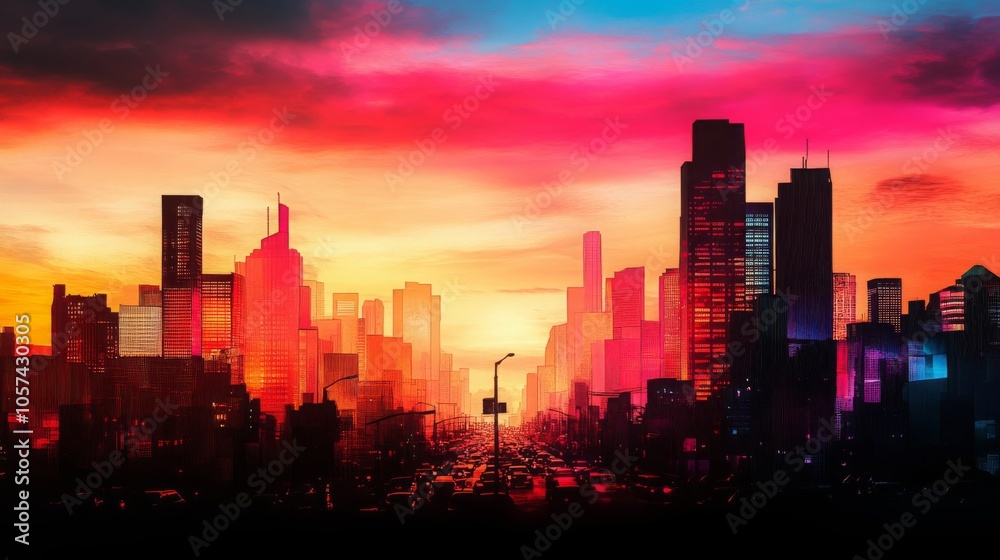 Cityscape Silhouette with Sunset Sky and Traffic Cityscape Silhouette with Sunset Sky and Traffic