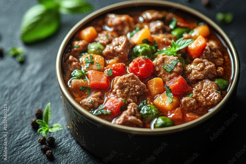 A hearty beef stew with colorful vegetables in a bowl, showcasing a delicious meal. A hearty beef stew with colorful vegetables in a bowl, showcasing a delicious meal.