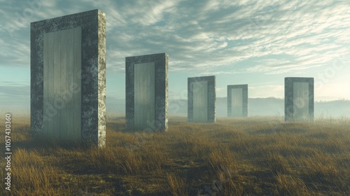 3D-rendered scene of multiple doors in a field, representing complex decisions and unknown outcomes. 