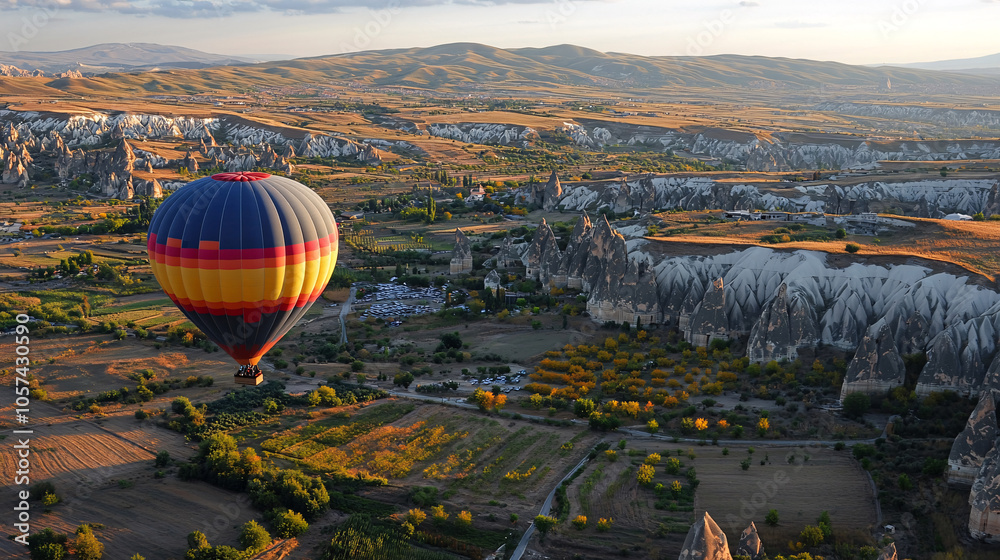 Obraz premium Colorful hot air balloons flying over mountain, Hot air balloon above high mountain at sunrise or sunset. 