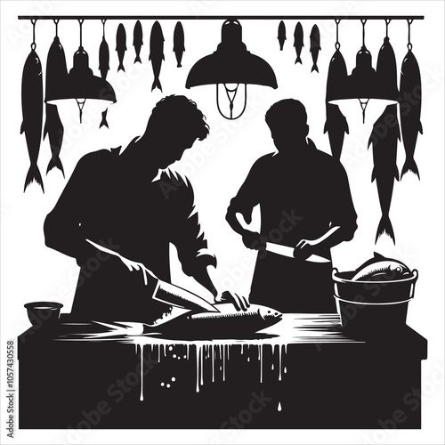 Black colour Silhouette of a fish seller holding a large fish