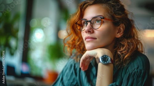 Portrait of thoughtful woman with red hair and glasses