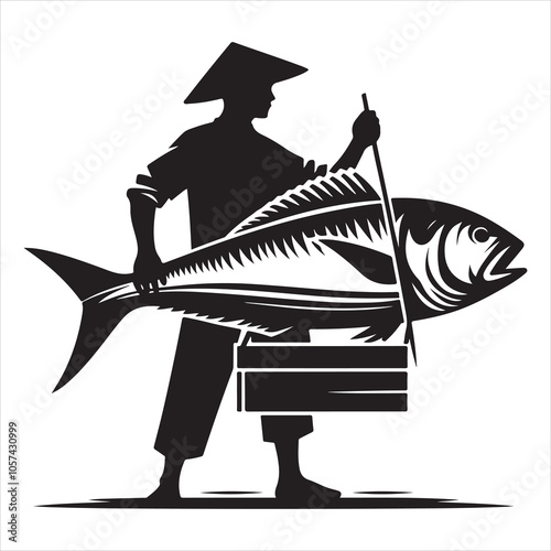 Black colour Silhouette of a fish seller holding a large fish
