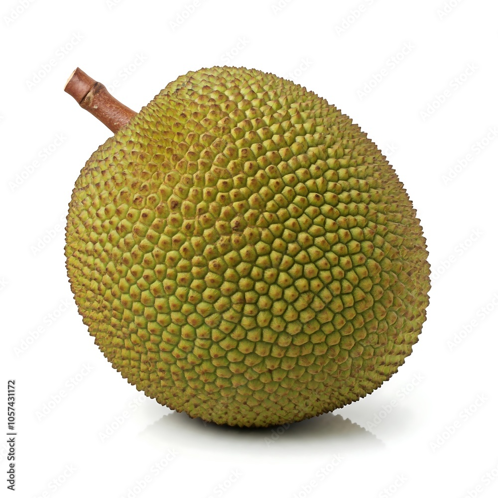 Green jackfruit, bumpy skin, stem visible,isolated on white background. No actions shown. Green jackfruit, bumpy skin, stem visible,isolated on white background. No actions shown.