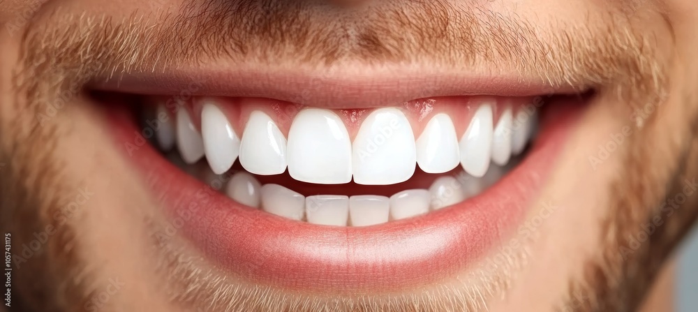 Obraz premium Close-up of young man with perfect white smile. Teeth whitening, dental care concept.