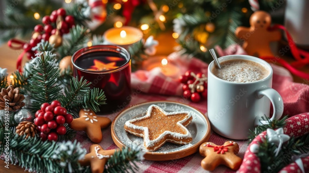 A festive cup of coffee with gingerbread cookies, surrounded by a Christmas tree and a greeting card in the background, decoration, treat, cozy A festive cup of coffee with gingerbread cookies, surrounded by a Christmas tree and a greeting card in the background, decoration, treat, cozy