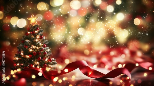 a christmas themed background with emphasis on bright stars, bokeh effects, and cascading ribbons, evoking a magical and surreal
