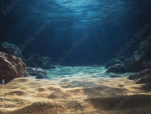 Tranquil underwater scene with sunlight illuminating the ocean floor.