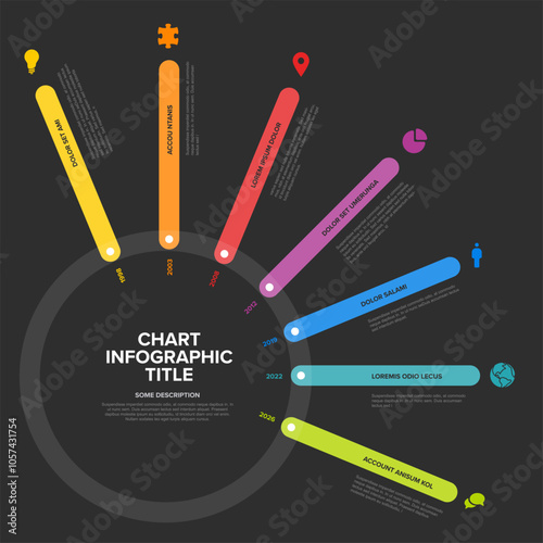 Simple dark timeline template made of rainbow color thick line segments on big circle. Multipurpose infochart template displaying main milestones or important stages on circle path.