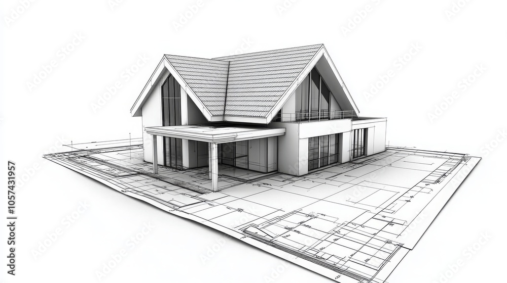 Black and white 3D architectural sketch of a modern house with detailed lines and shading; artistic representation of a building design. Black and white 3D architectural sketch of a modern house with detailed lines and shading; artistic representation of a building design.