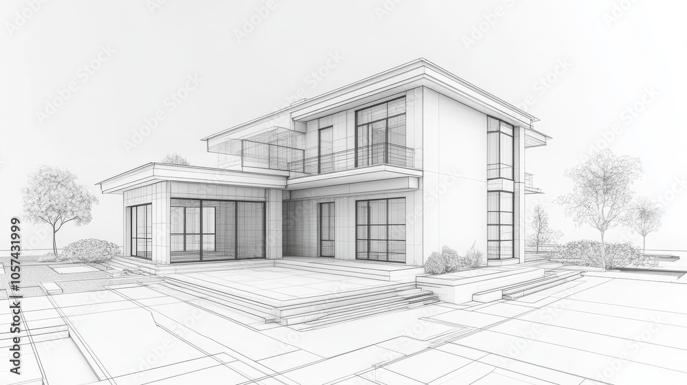 Black and white 3D architectural sketch of a modern house with detailed lines and shading; artistic representation of a building design. Black and white 3D architectural sketch of a modern house with detailed lines and shading; artistic representation of a building design.