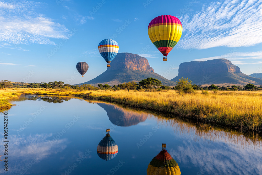 Fototapeta premium Colorful hot air balloons flying over mountain, Hot air balloon above high mountain at sunrise or sunset. 
