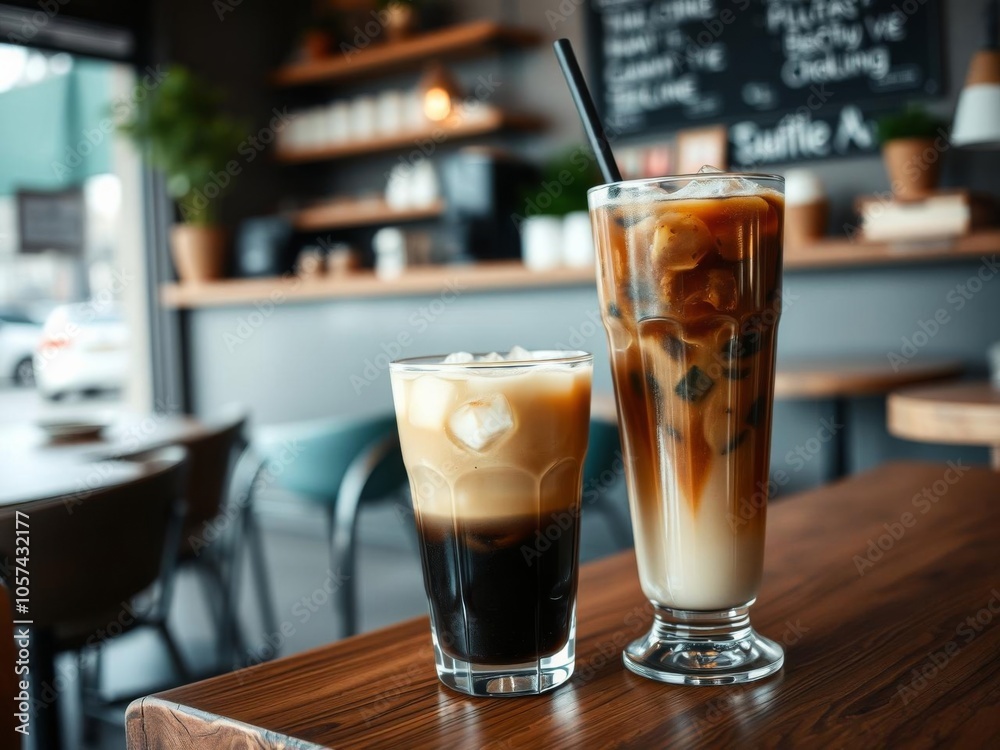 A refreshing glass of black iced coffee sits on a rustic wooden table in a cozy coffee shop, iced coffee, lifestyle, cozy A refreshing glass of black iced coffee sits on a rustic wooden table in a cozy coffee shop, iced coffee, lifestyle, cozy