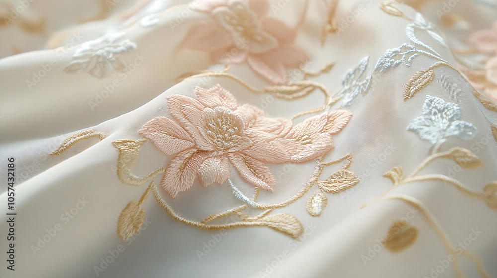 Elegant floral embroidery on soft fabric with delicate pastel colors Elegant floral embroidery on soft fabric with delicate pastel colors