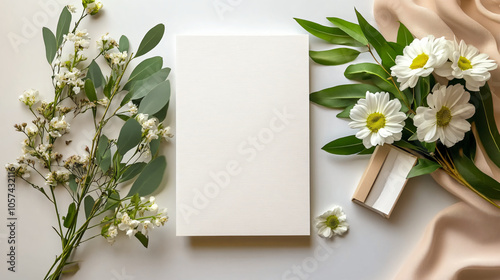 Minimalist floral arrangement with blank canvas and greenery