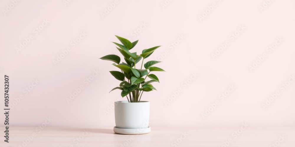 A serene wooden tabletop with a green plant against a pastel pink wall, pot, tabletop, modern A serene wooden tabletop with a green plant against a pastel pink wall, pot, tabletop, modern