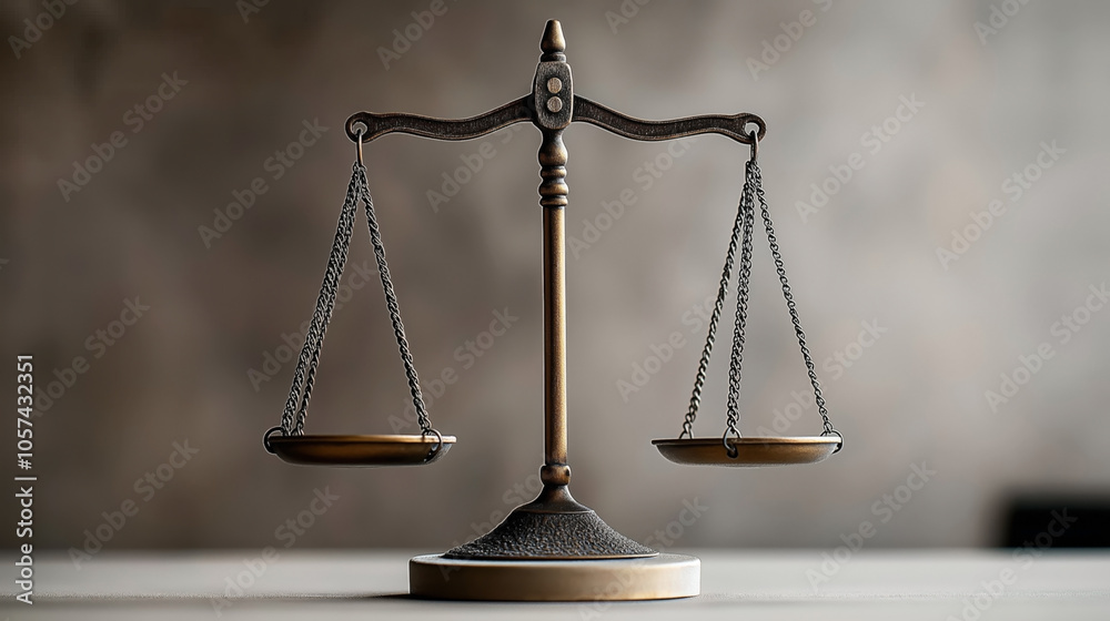 Bronze balance scale with two hanging pans on a blurred gray background symbolizing justice or fairness