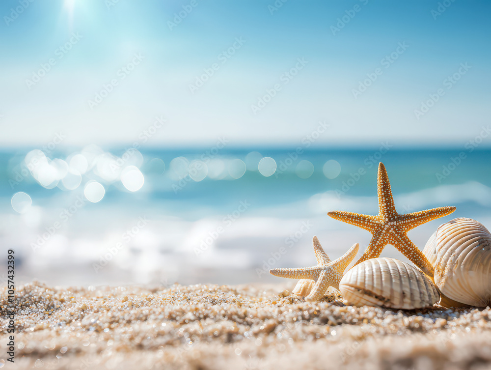 Serene beach scene with starfish and seashells on sunlit sand. Serene beach scene with starfish and seashells on sunlit sand.