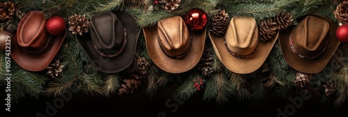 High-definition empty backdrop with a border of cowboy hats, pine branches, and holiday ornaments, creating a warm and inviting western Christmas frame