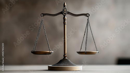 Obraz na płótnie Bronze balance scale with two hanging pans on a blurred gray background symbolizing justice or fairness w salonie