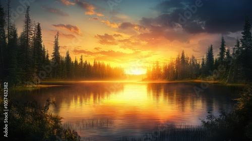 Sunset over a peaceful lake surrounded by forests