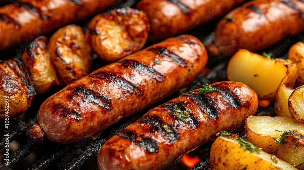 Grilled Sausages and Potatoes on a Barbecue Grill Grilled Sausages and Potatoes on a Barbecue Grill