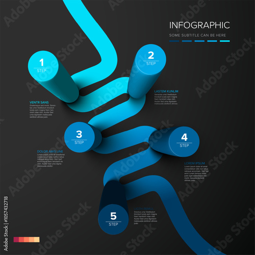 Vector dark multipurpose Infographic template made from color vertical  cylinder steps  chart with numbers descriptions color stripes and legend - dark background version with 5 blue steps elements
