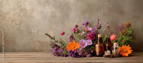 An assortment of essential oils dried herbs and fresh floral blooms arranged on a rustic wooden table creating a natural organic and wellness focused still life composition for aromatherapy photo