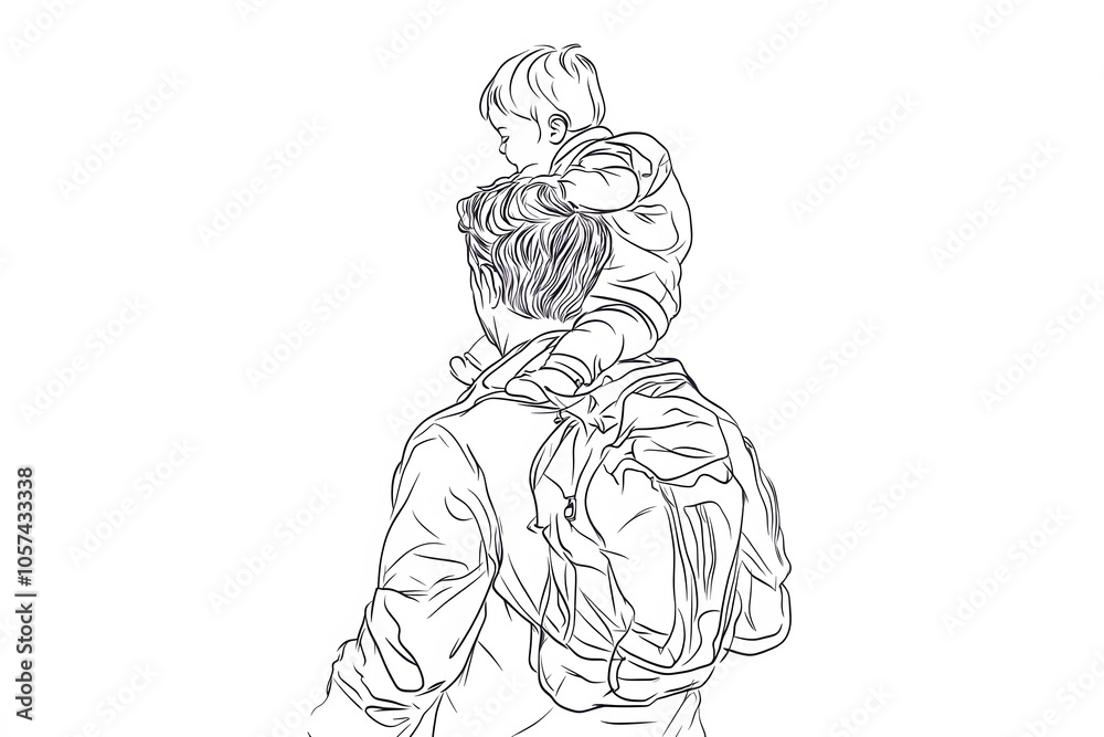 Line Drawing of a Father Carrying His Child on His Shoulders Line Drawing of a Father Carrying His Child on His Shoulders