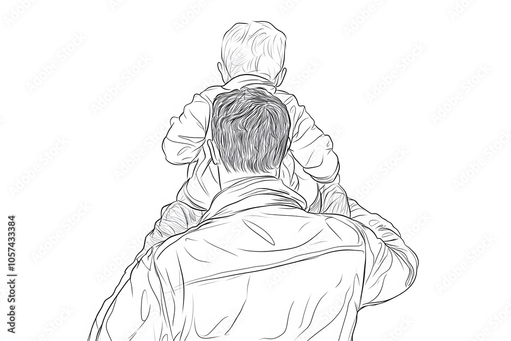 Obraz premium A Father Carrying His Son on His Shoulders, Viewed From Behind