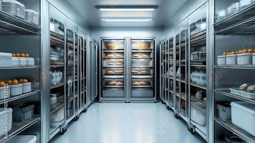 Commercial kitchen storage space with stainless steel shelves and refrigerators filled with baked goods and ingredients, featuring organized dairy products and pastries under fluorescent lighting.